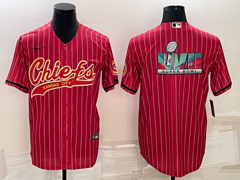 Men's Kansas City Chiefs Blank Red With Super Bowl LVII Big Logo Cool Base Stitched Baseball Jersey